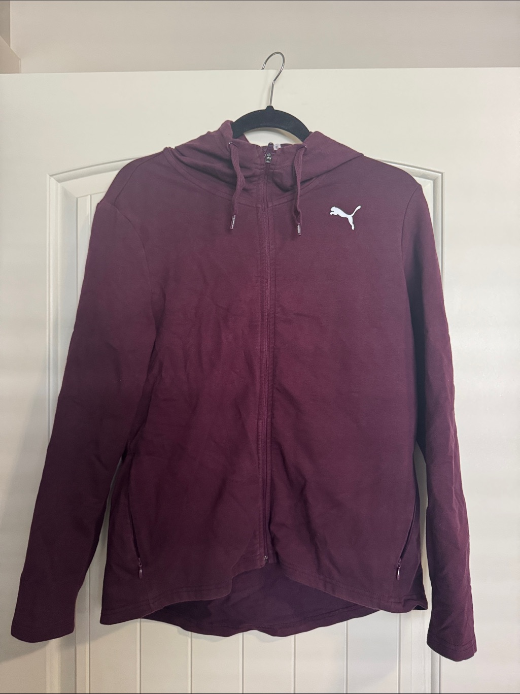 Puma Burgundy Full-Zip Hoodie With White Logo With Zipper Pockets.